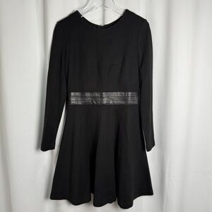 Milly Black Wool Blend Long Sleeve Leather Waistline Fit & Flare Dress Sz 8